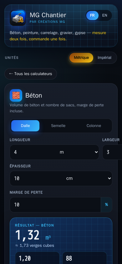 MG Chantier — calculateur de béton