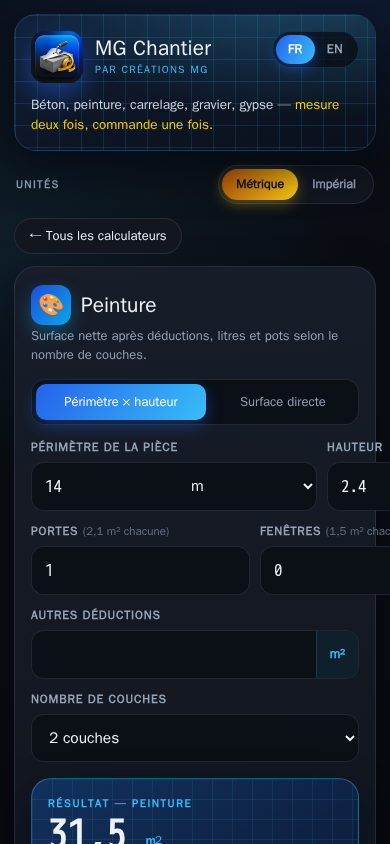 MG Chantier — projet et matériaux