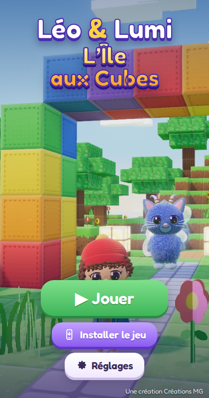 Écran titre de Léo & Lumi — L’Île aux Cubes, avec le bouton Installer le jeu