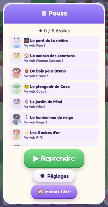Menu Pause : la liste des 8 missions et le compteur d’étoiles