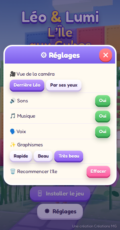Les réglages : sons, musique, voix, vue de la caméra et qualité