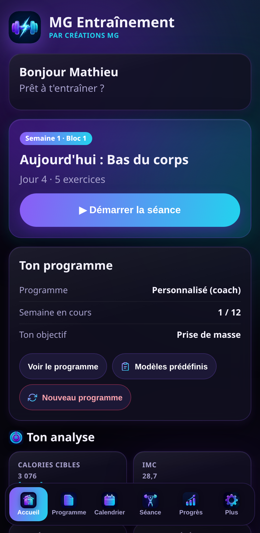 Accueil de MG Entraînement : séance du jour et ton programme