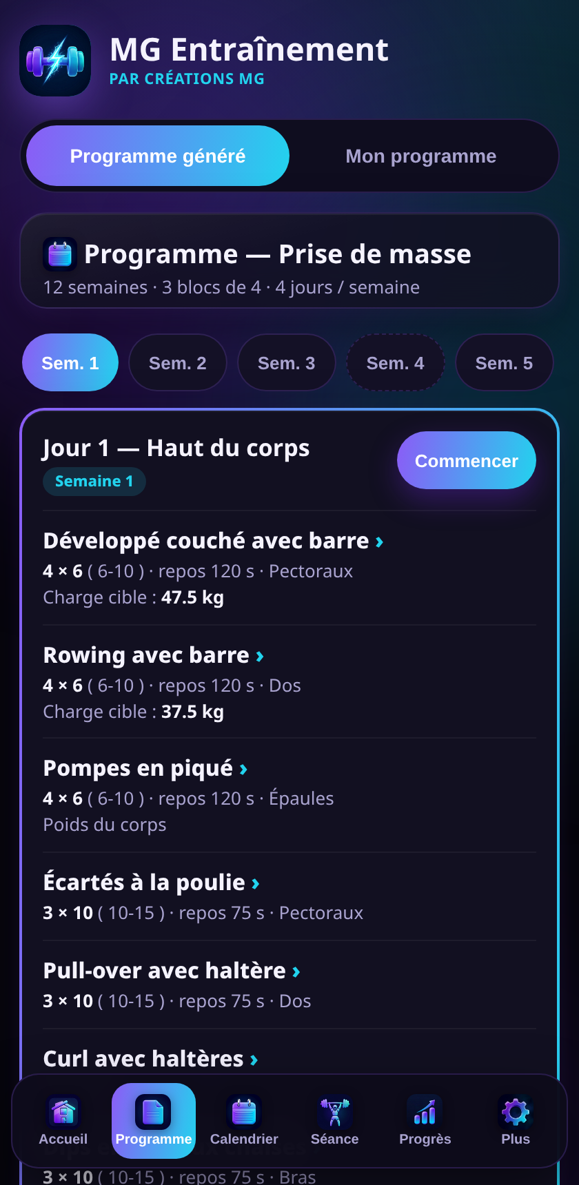 Programme Prise de masse : Jour 1, exercices et charges cibles