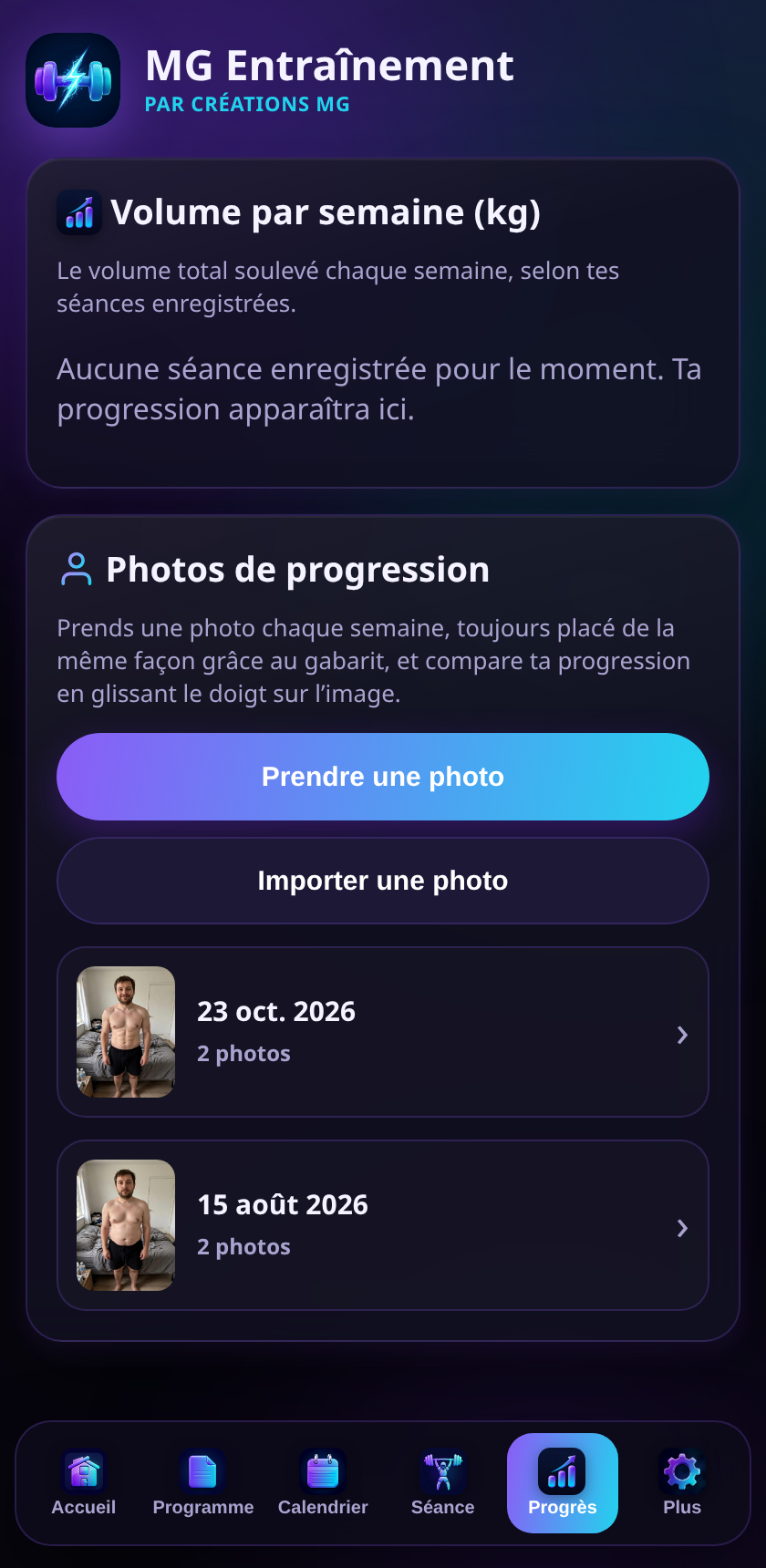 Photos de progression organisées en dossiers par date