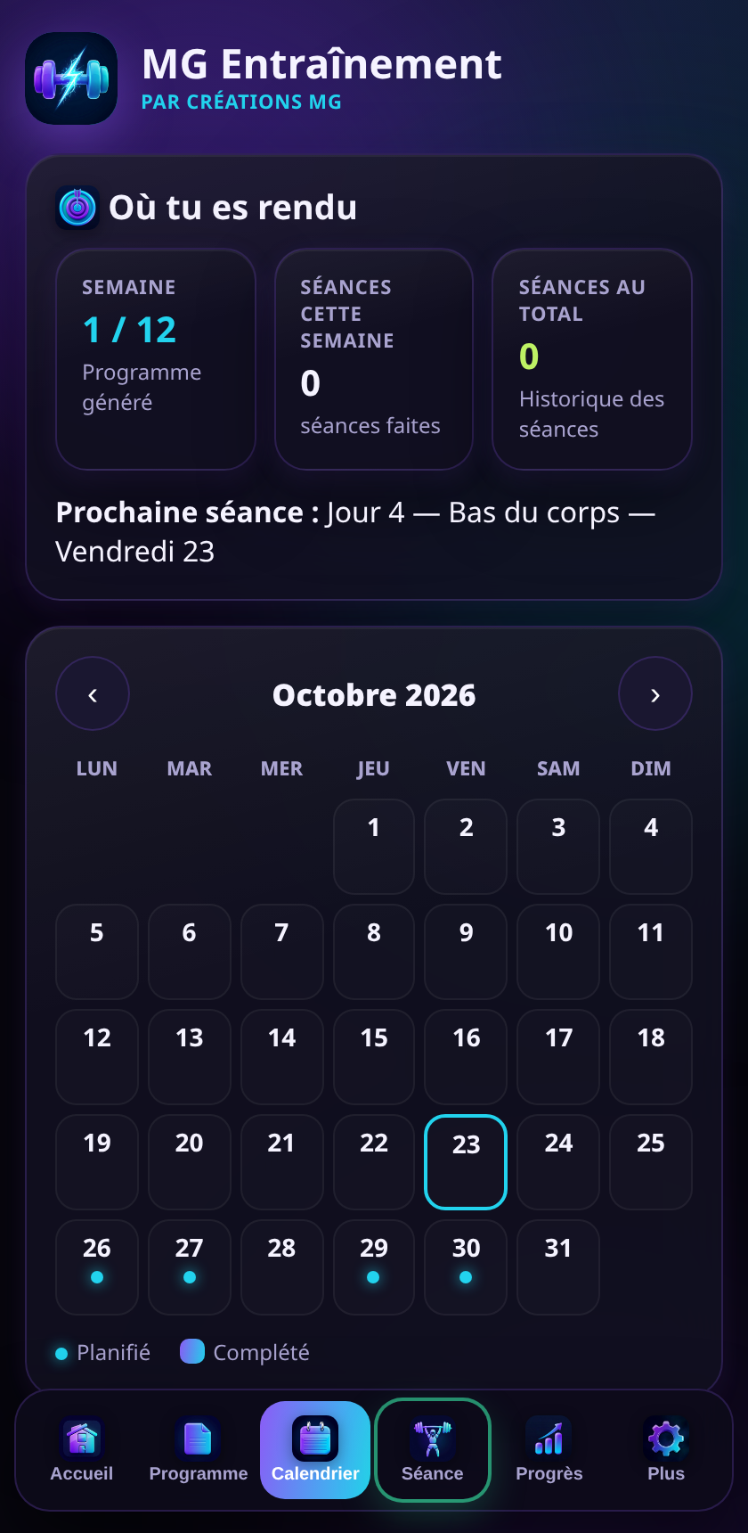 Calendrier d'entraînement : où tu es rendu dans ton programme