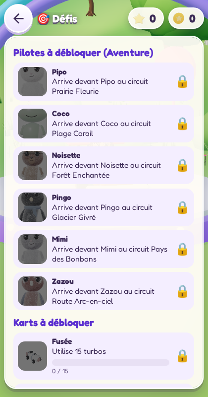 Les défis : pilotes et karts à débloquer en Aventure