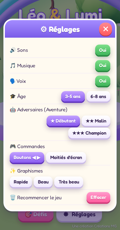 Les réglages : sons, musique, voix, âge, commandes et qualité