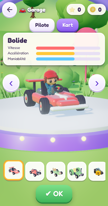 Le garage : choisir son kart — le Bolide et ses statistiques