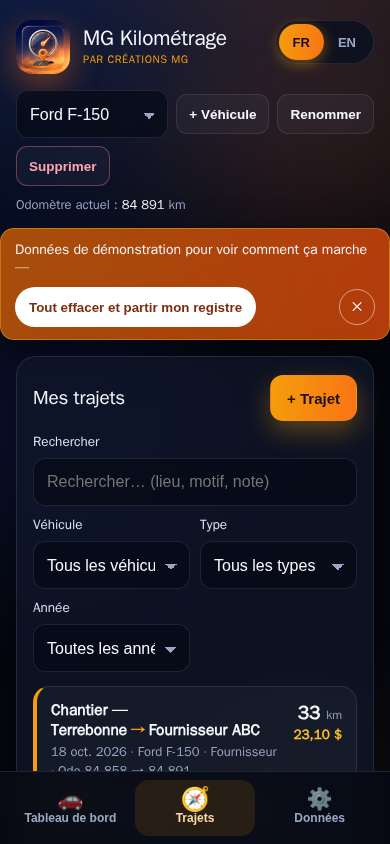 MG Kilométrage — trajet en cours