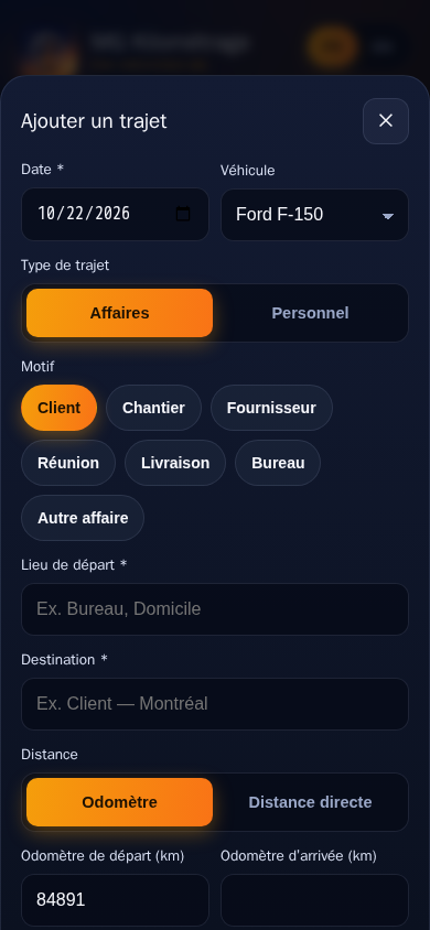 MG Kilométrage — liste des trajets
