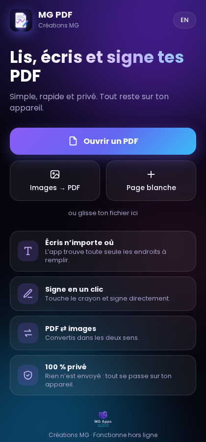 Accueil de MG PDF : ouvrir un PDF, convertir des images ou partir d'une page blanche