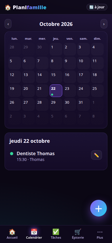 Calendrier familial avec une couleur par membre