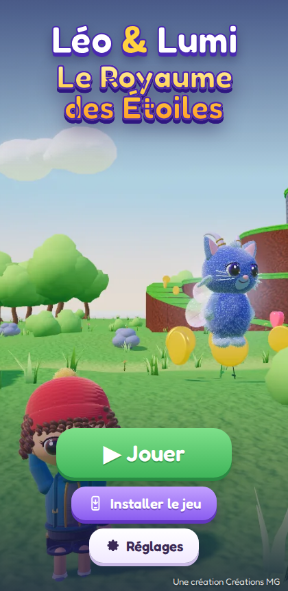 Écran titre : Léo et Lumi dans la Prairie, avec le bouton Installer le jeu