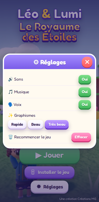 Les réglages : sons, musique, voix et qualité graphique